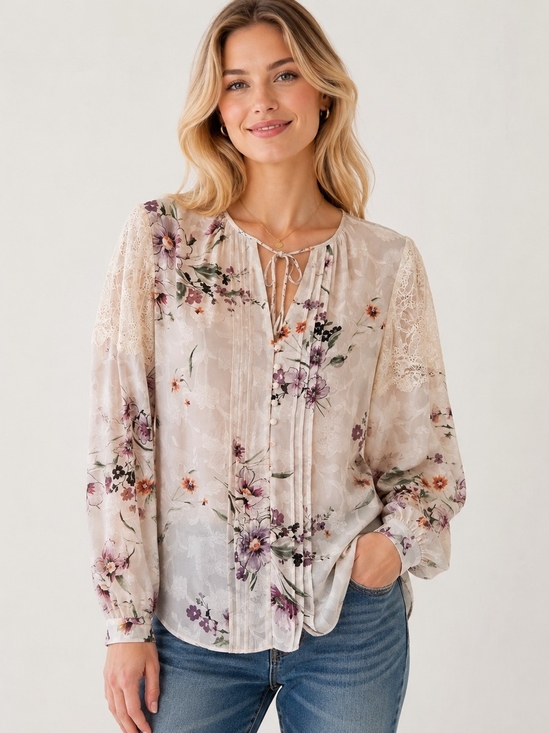 White House Black Market Tops - WHBM Floral Lace Chiffon Blouse in White Size 6